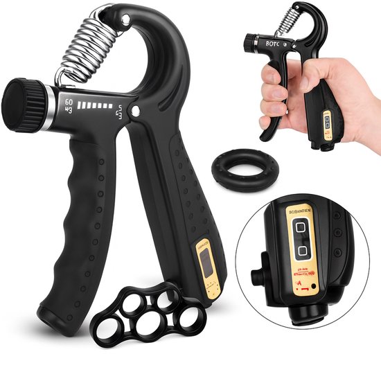 BOTC Handtrainer met Teller - 3-Delig Handtrainer - 5 tot 60 KG - Vingertrainer - Grip Trainer- Zwart