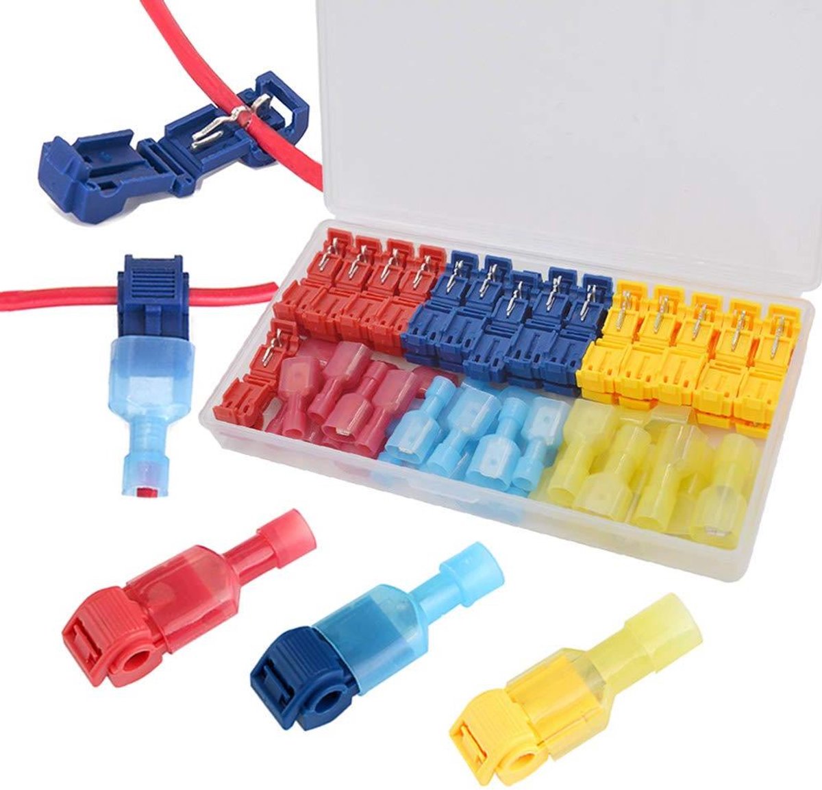 JHubers Goods - - Elektrische Draadconnectoren Set met 30 Paar T-Tap en Mannelijke Spade Connectoren - 60 Stuks in Rood, Blauw, Geel