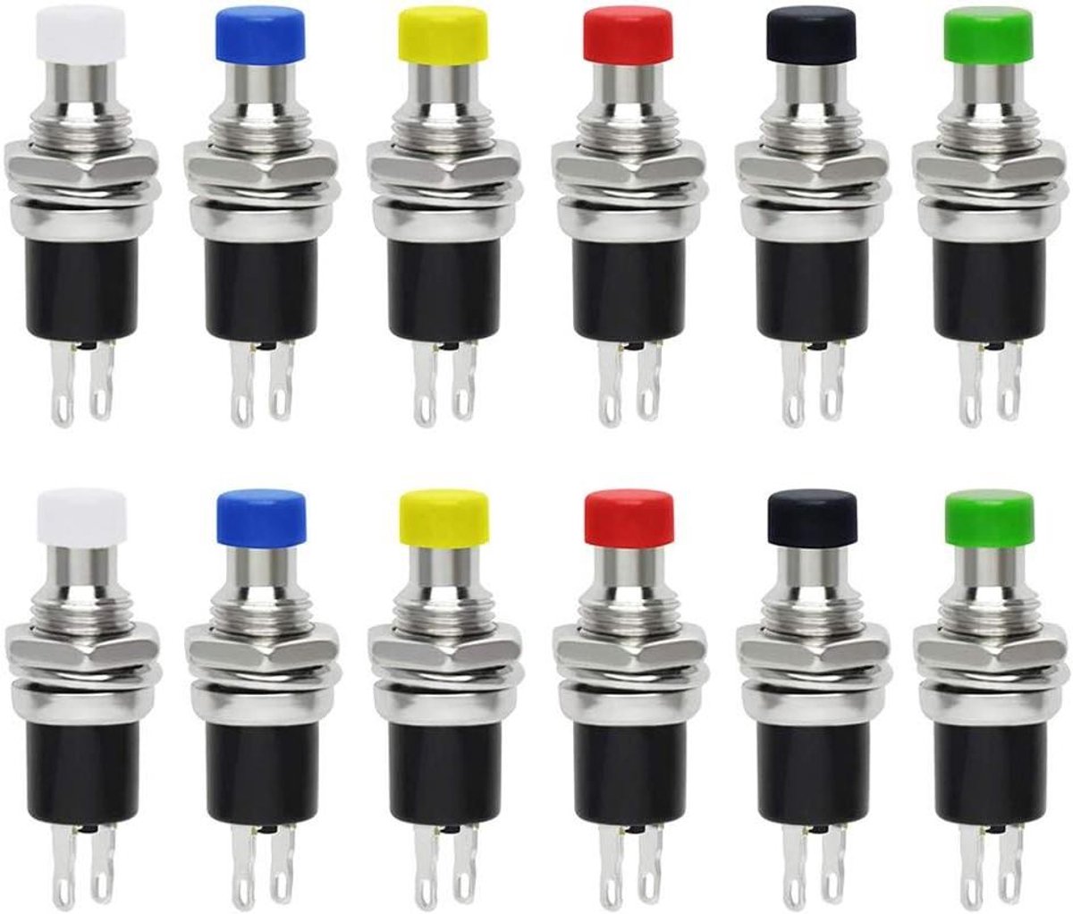 JHubers Goods - Set van 12 stuks mini-drukknopschakelaars, momentaan, normaal open, 2-polig, SPST micro-schakelaar (6 kleuren)