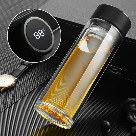 Dubbelwandige glazen reismok met roestvrijstalen filter - zwart - borosilicaatglas