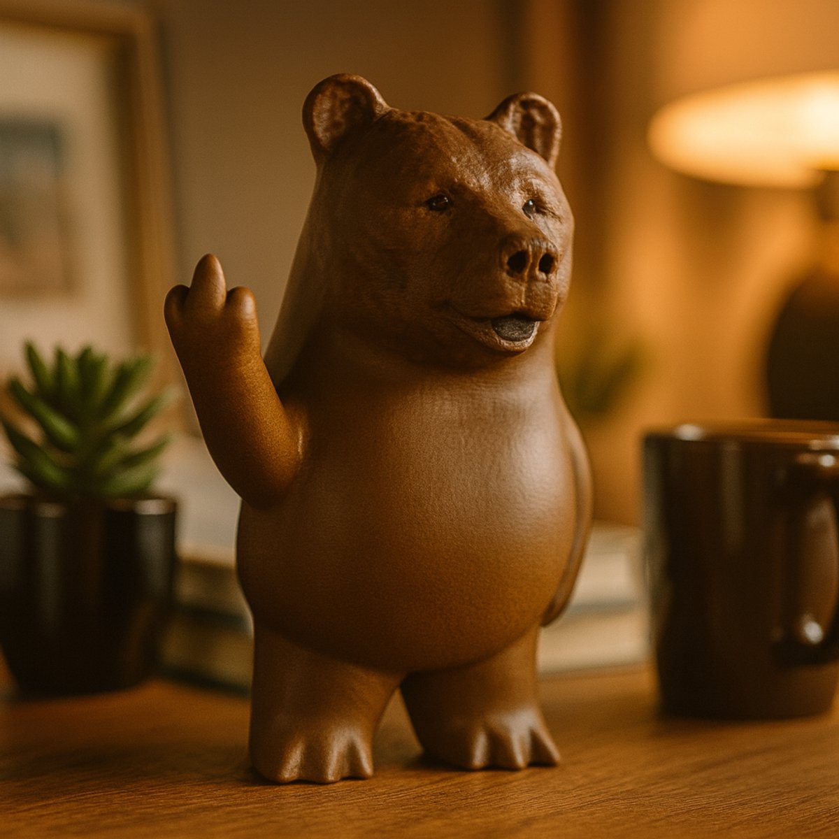 AnimalsAttitude – Middelgrote Beer Figurine met Middelvinger – 3D-geprint PLA Beeldje – Premium Shelf Ornament