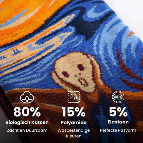 Detail van een kunstsok met Munchs Schreeuw in bruin en oranje tinten, met 80% biologisch katoen.