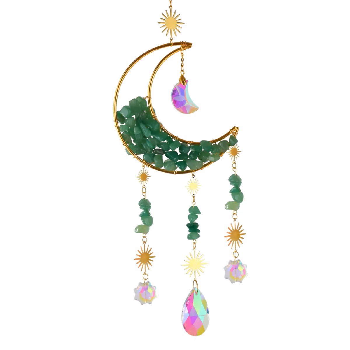 Groene Aventurijn Suncatcher met Maan & Kristallen - Spirituele Raamdecoratie met Gouden Frame - Kristal Hanger voor Positieve Energie & Geluk - Boho Woondecoratie voor Raam of Muur - Luxe Cadeau voor Haar - Handgemaakte Edelsteen Decoratie
