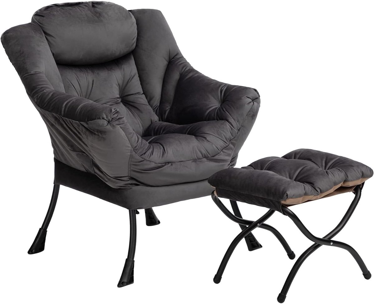 Relaxstoel stoel met voetenbank stalen frame fluwelen stof relaxstoel vrijetijdsbank chaise longue luie stoel relaxstoel relaxstoel, donkergrijs