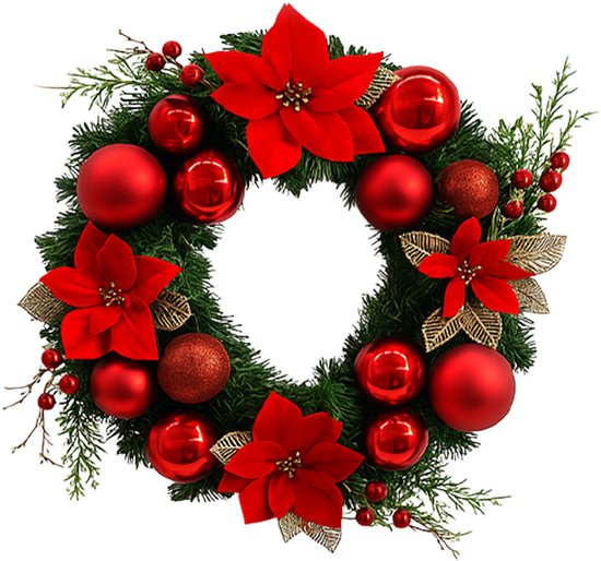 Happy Holidayz Sierlijke Kerstkrans - Groen met Rood - 40 cm - Kerstkrans voor Buiten - Kerstversiering Decoratie Binnen - Kerstslinger - Kerststukje - Guirlande- Kerst Krans met bloemen en ballen