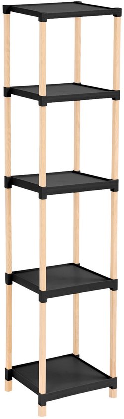 Étagère de rangement modulaire en bois FixWood – Massief Hout et plastique – Étagère de salle de bain, de cuisine ou pour plantes – Hauteur : 127 cm – Zwart/Naturel