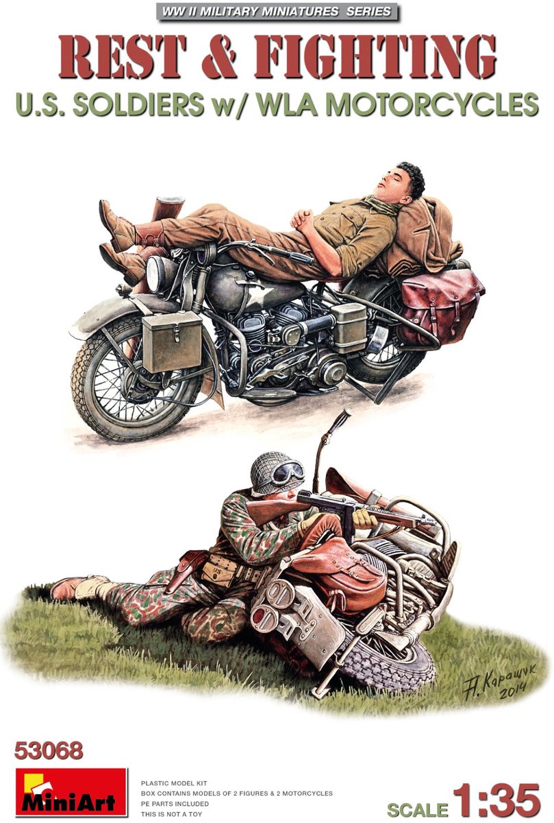 MiniArt Modelbouwpakket Motorfiets - 53068 Rustende en Vechtende Amerikaanse Soldaten WWII - 2 Figuren met 2 WLA Motorfietsen Plastic - 1:35 - Modelbouw