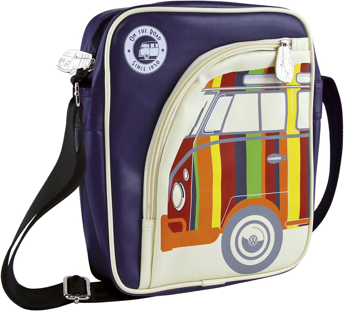 BRISA VW Collection - Stijlvolle & coole Volkswagen retro/vintage schoudertablet reistas met VW T1 Bulli Bus motief (paars/kleurige strepen/ kunstleer)