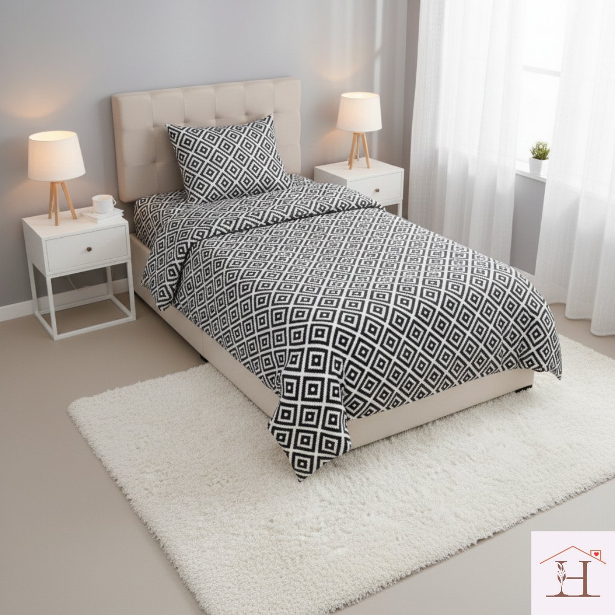 HappyNest - Dekbedovertrek - Een Persoons - 140x200 cm - Met 1 Kussenslopen 60x70 cm - Zwart/Wit