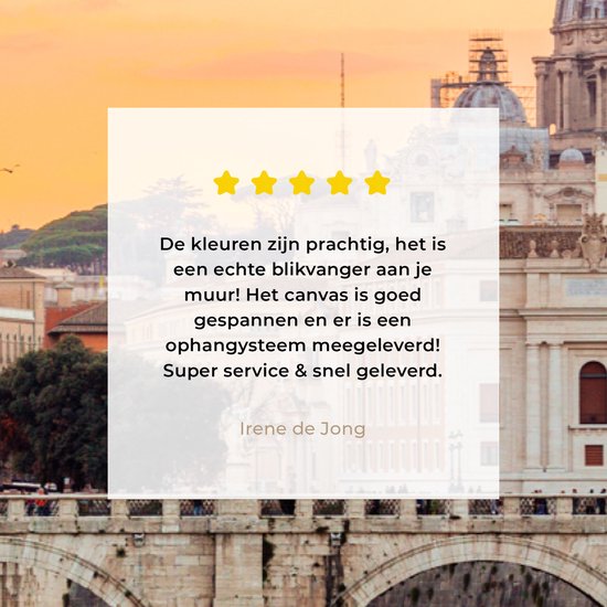 Recensie: "De kleuren zijn prachtig, het is een echte blikvanger aan je muur! Het canvas is goed gespannen en er is een ophangsysteem meegeleverd! Super service & snel geleverd."