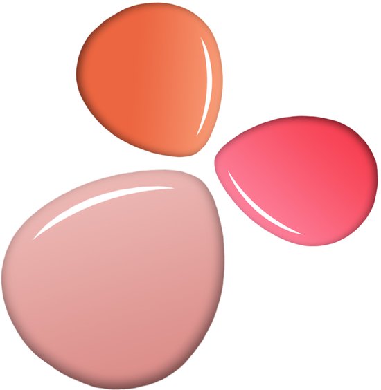 Drie druppels nagelbouwgel in de kleuren oranje, roze en oudroze, gerangschikt als een klaverblad.