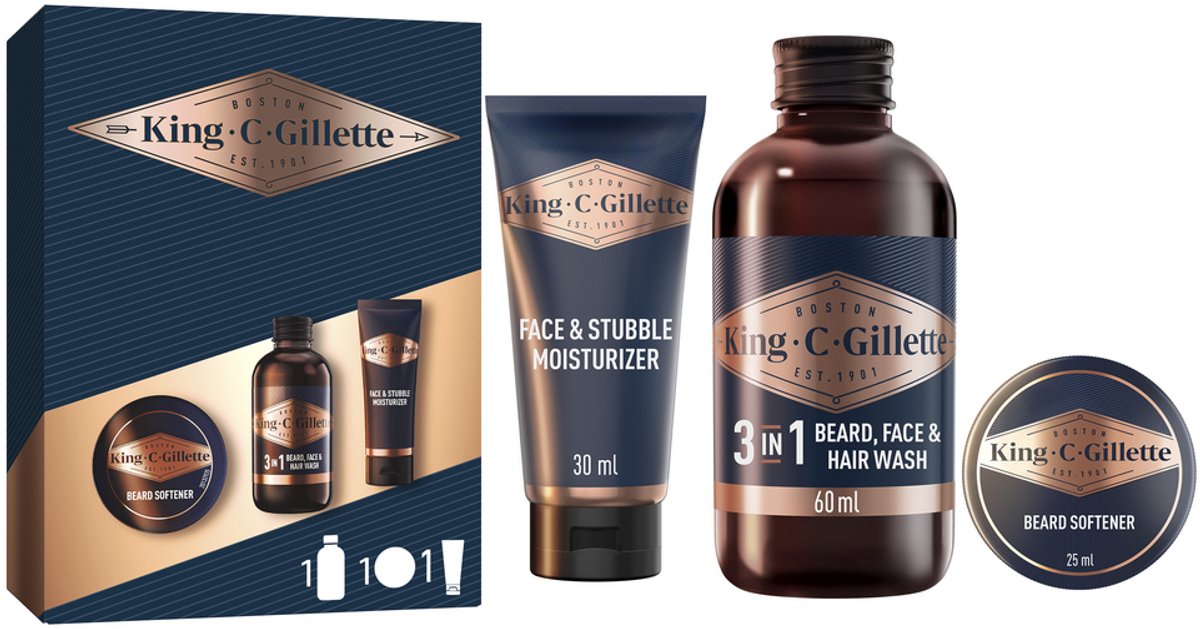 King C. Gillette Men Reiskit - bevat 3in1 Baard - Gezichts- & Haarwas 60 ml + Moisturizer 30ml + Baardverzachter 25 ml