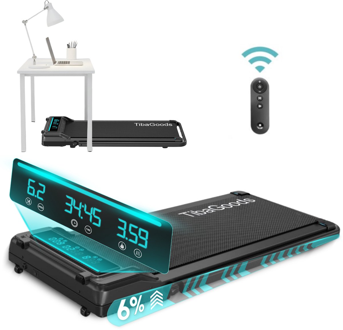 TibaGoods Loopband - 1 t/m 6 km/h - Walking pad - Hometrainer - Hellingsfunctie 6% - Treadmill - Wandelband voor onder het bureau - Sport - Hardlopen