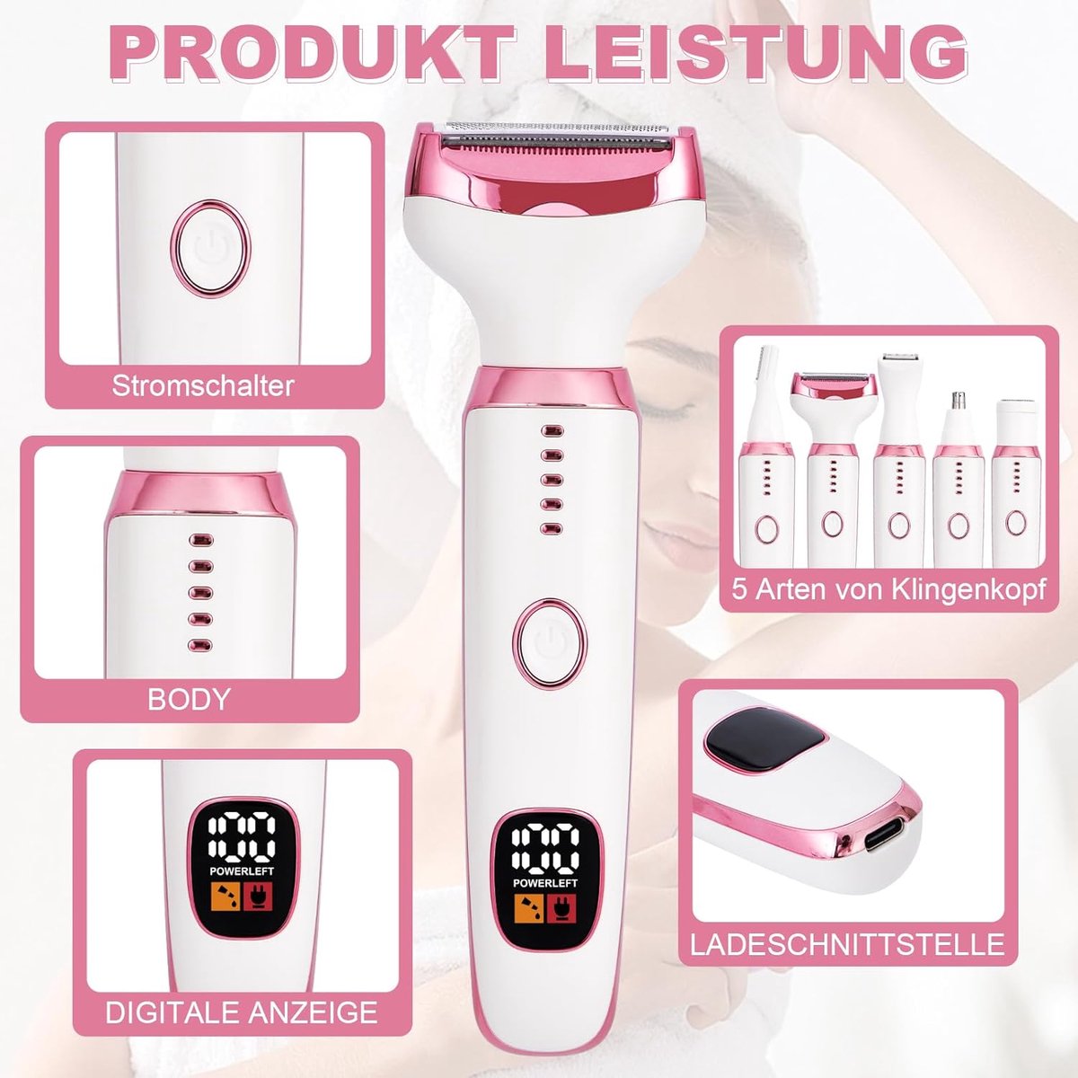 5-in-1 elektrisch scheerapparaat voor dames, voor lichaam