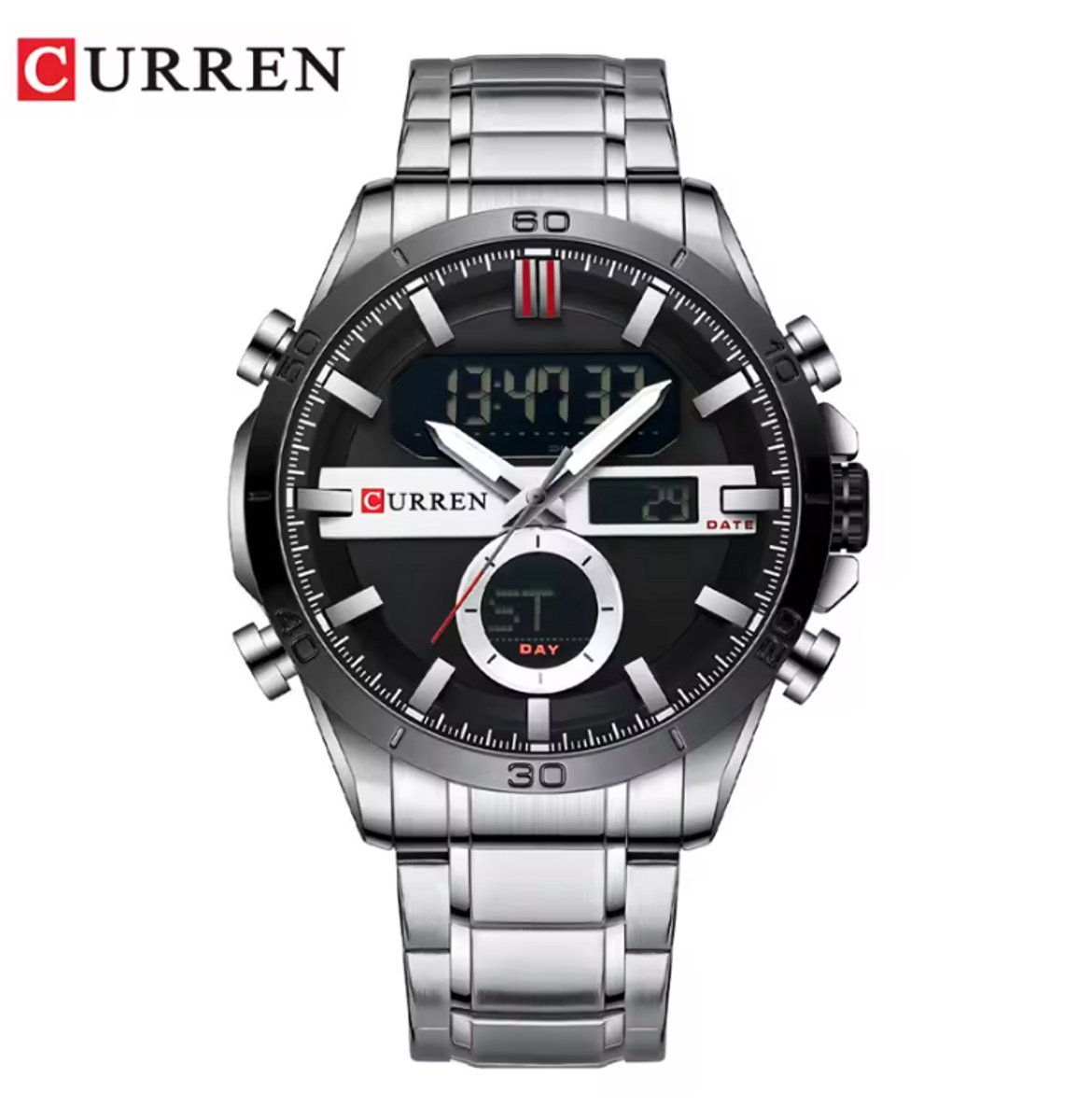 CURREN Horloge 8384 - Zilverkleurig-Zwart - Heren - Digitaal Quartz - 48 mm - Chronograaf - Stalen Band - Meerdere Tijdzones - Kalender - Waterbestendig