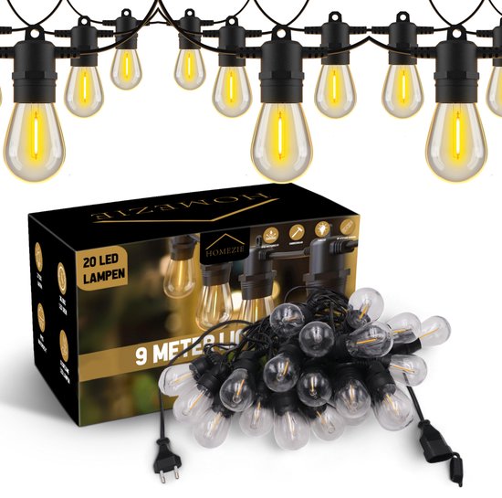 20 ampoules LED de 9 mètres dans un emballage Homezie, avec une prise et une prise connectable.