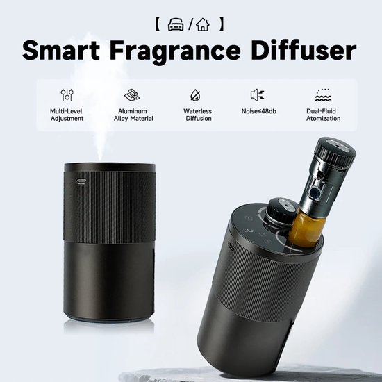 Donkergrijze diffuser, plat ontwerp links met mist, gebogen ontwerp rechts met flesje.