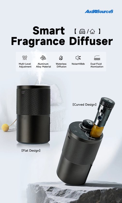Promotieafbeelding van een 'Smart Fragrance Diffuser' in plat en gebogen ontwerp, beide donkergrijs met ribbels.