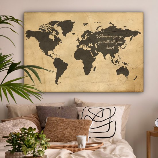 Peintures Toile Wereldkaart - Vintage - Citation - 150x100 cm - Décoration murale