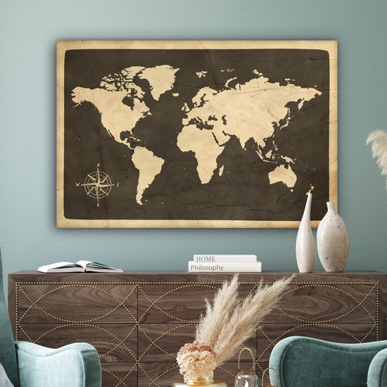 Peintures sur toile Wereldkaart - Rose des vents - Vintage - 150x100 cm - Décoration murale