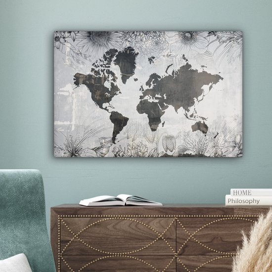 Wereldkaart avec motif béton gris foncé décorée d'illustrations de fleurs 90x60 cm