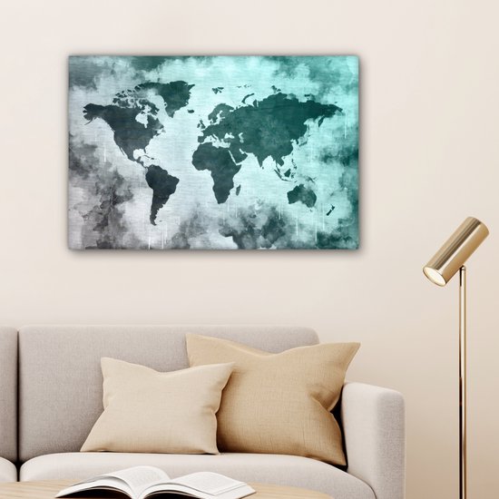 Wereldkaart avec peinture bleu clair et grise sur fond avec motif texturé 90x60 cm