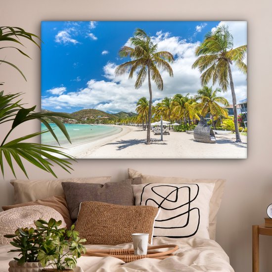 Peintures sur Toile Plage - Chaise Longue - Palmiers - 120x80 cm - Décoration murale