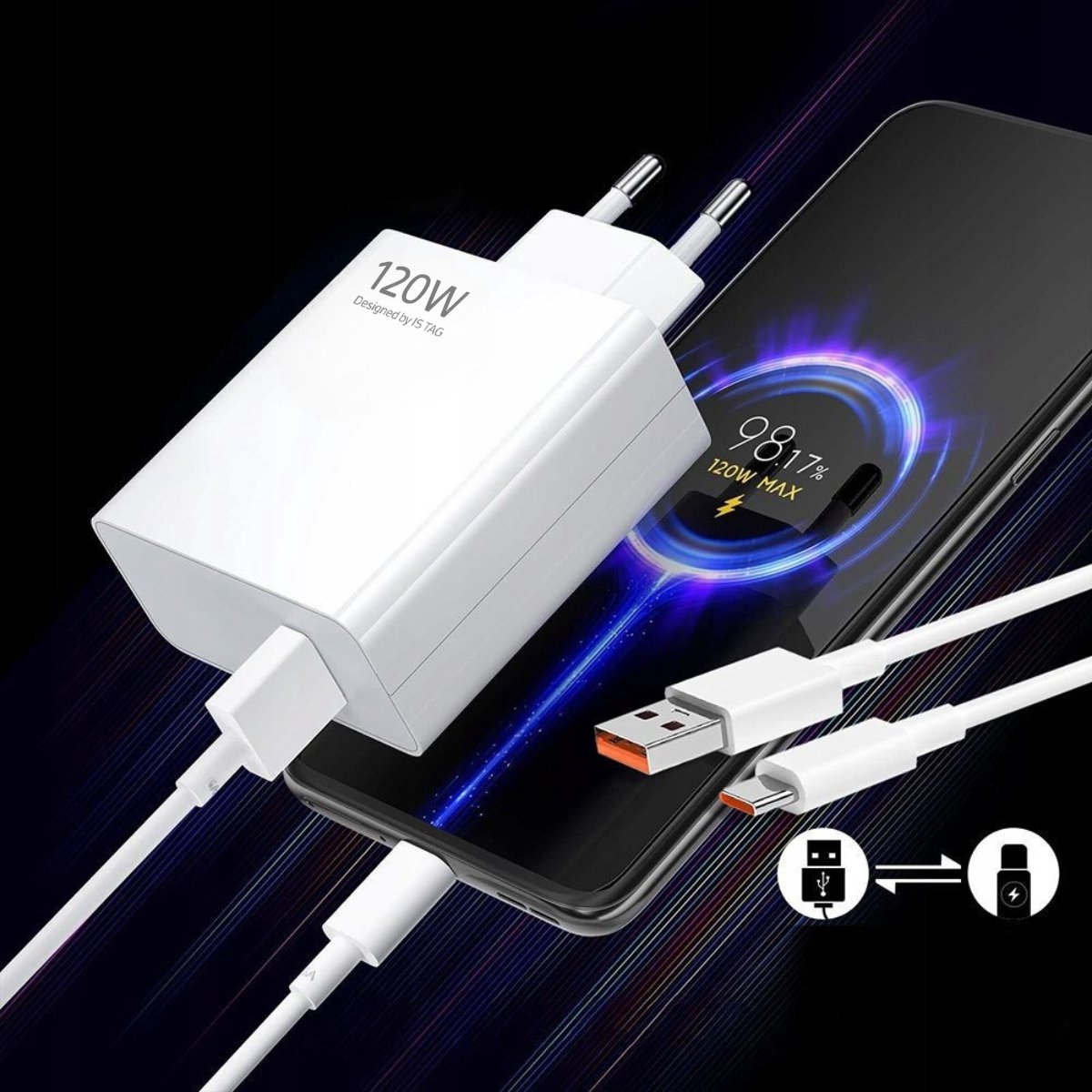 iSTAG 120W Snellader Set - USB-A naar USB-C - Inclusief 1m Kabel - Super Charge voor Xiaomi, Samsung & Android - Wit