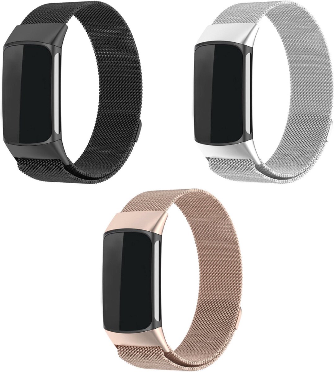 Strap-it – Milanese Horlogebandje (Zwart + Champagne + Zilver) – Geschikt voor Fitbit Charge 6