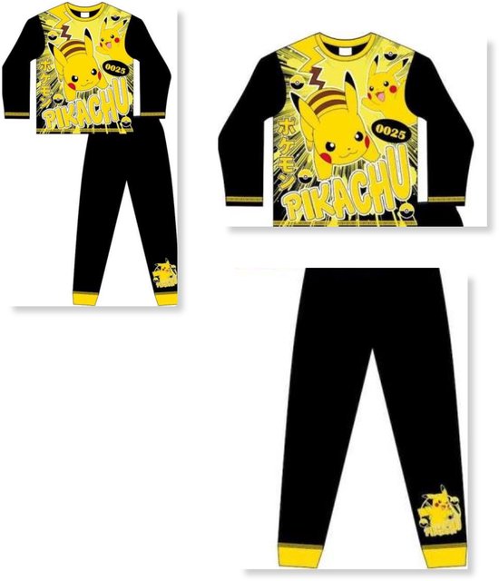 Pyjamaset met Pokémon-print. Geel met zwart, met Pikachu. Maat 134/140.