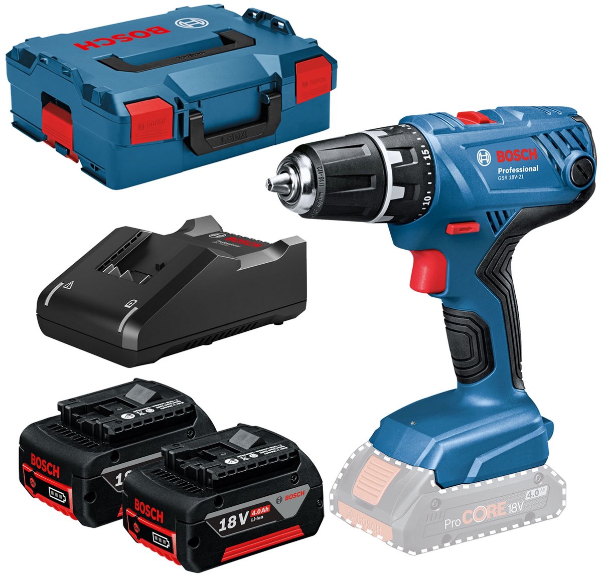 Bosch accuboormachine GSR 18V-21 / 2x 4.0 Ah accu + lader in L-Bo...