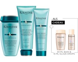 Kérastase Résistance Trio + 2 Cadeau's - Herstellende Shampoo 250ml, Conditioner 200ml & Hittebeschermende verzorging 150ml + Gloss Absolu Anti-frizz Shampoo 30ml & Haarolie 15ml cadeau - Beschadigd Haar