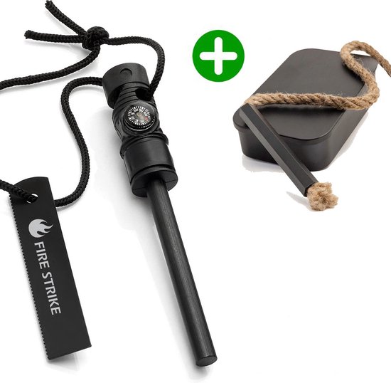Fire Strike - Survival Starter Set - Magnesium Staaf met Kompas - Aansteeklont en Doosje - Vuur Aanmaken - Zwart