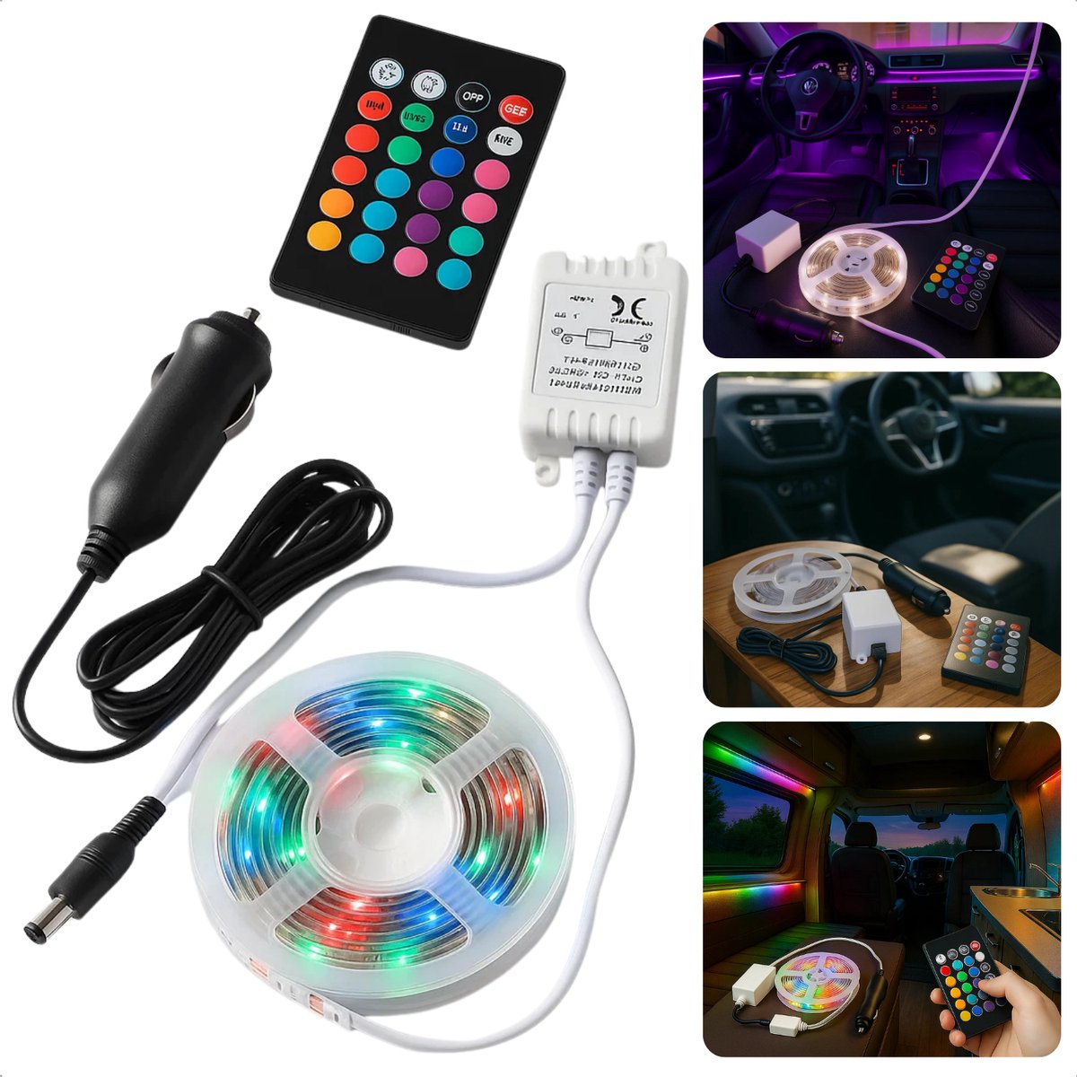 Cheqo® LED Strip 2 Meter - RGB LED Strip - Zelfklevende LED Strip - Draadloze Afstandsbediening - 12V/24V Aansluiting - Sfeerverlichting LED - Auto LED Verlichting - Caravan LED Strip - Dimbare LED Strip - 60 Led's - Infrarood Bediening