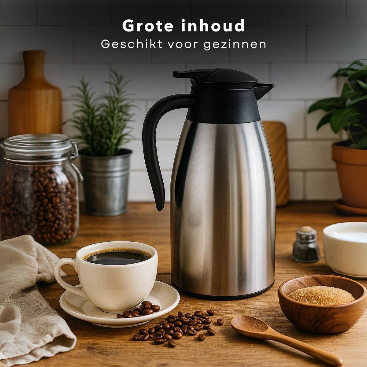 Cheqo® Thermoskan 2 Liter - RVS Thermoskan - Dubbelwandige Thermoskan - Lekvrije Thermoskan - Isolerende Kan - Warme en Koude Dranken - Thermoskan met Handgreep - 1-Hand Bediening - Roestvrij Staal - Thermoskan voor Koffie — cadeau in Koken & Dineren - foto 5