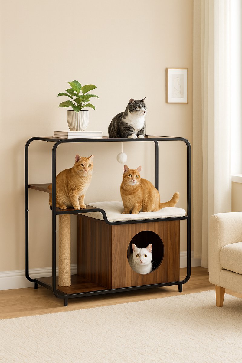 Fameilleur katten meubel - speelgoed voor katten - krabpaal - Fameilleur Kattenmeubel met Krab paal en Huisje – 73x33x73 cm – Kattenhuis, Krabmeubel, Kattenboom & Kattenkast – Inclusief Zachte Kussens- Kattenbed voor Slapen, Spelen & Krabben