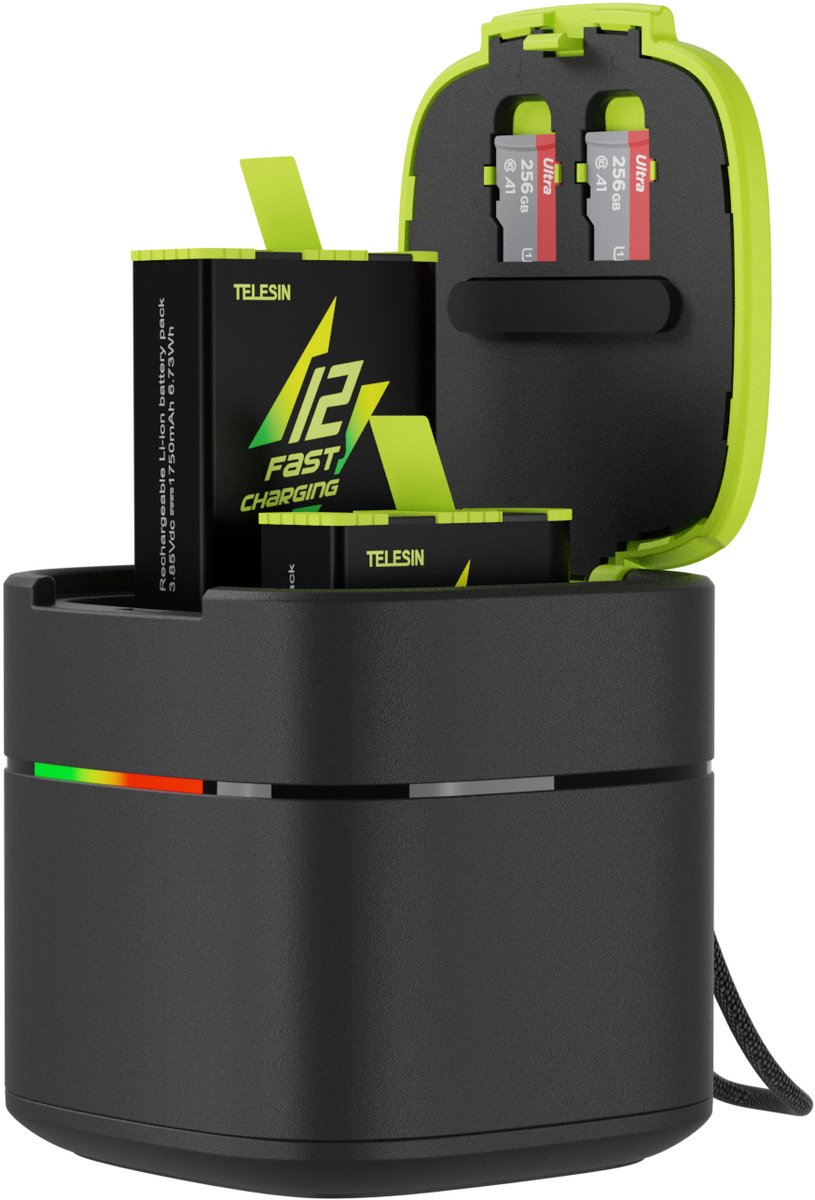 Telesin Fast Charging Kit oplaadbox+2x accu GoPro 9/10/11/12 - Snellader Case voor 3 Accu's en 2 microSD-kaarten - Met Power Delivery