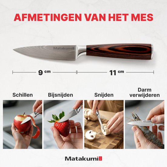 Matakumi schilmes, 9cm lemmet, 11cm handvat. Vier afbeeldingen tonen het schillen van een appel, aardbeien, champignons en garnalen.