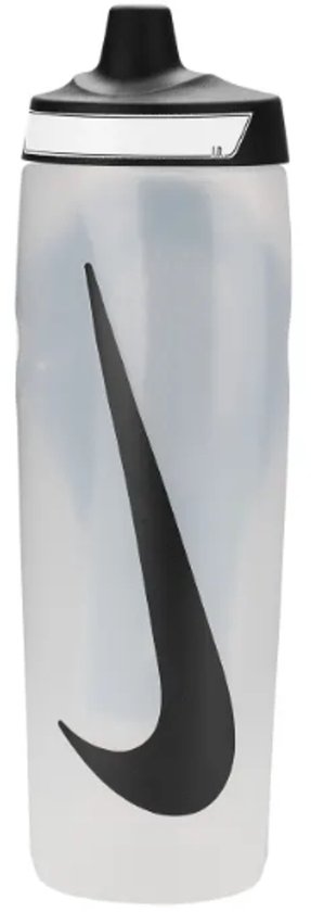 Witte transparante Nike drinkfles met zwart Nike logo en zwarte dop.