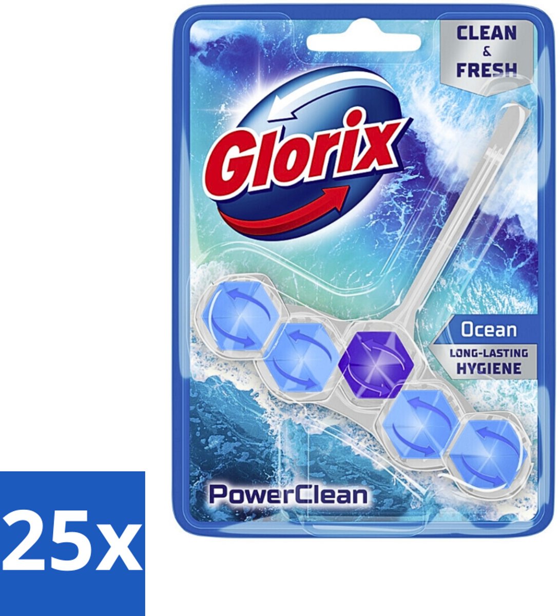 25 x Glorix - Toiletblok - Power Clean Ocean - Frisse Geur - 1 blok - Toiletblok - Oceaanfrisheid - Hygiëne - Reiniging - Anti-kalk