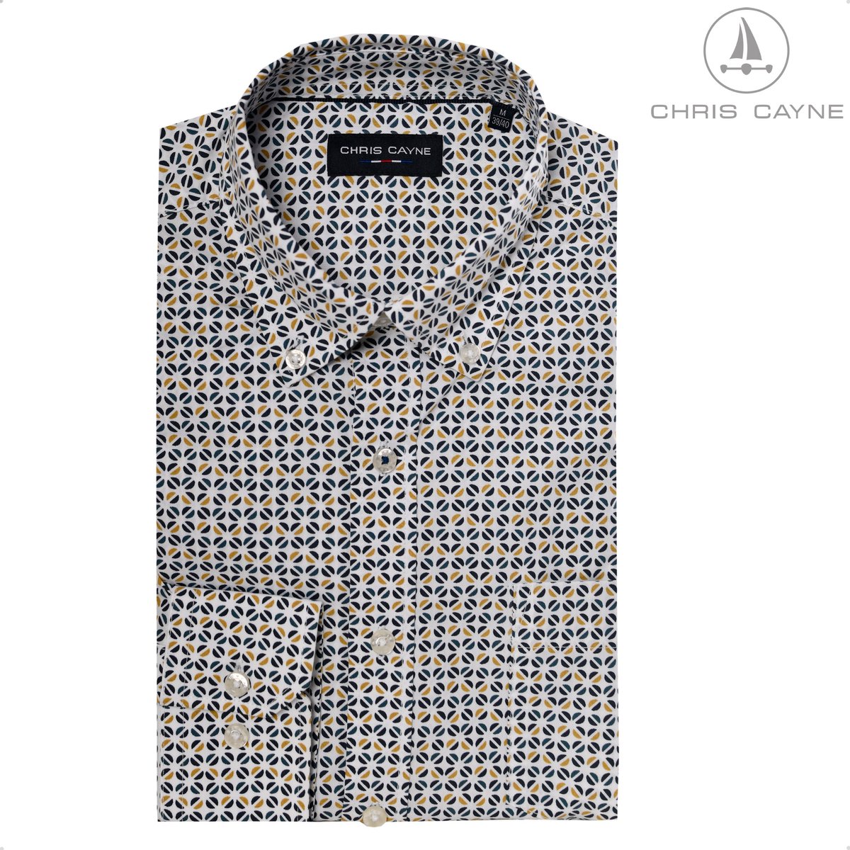 Chris Cayne overhemd lange mouw - XL - navy/geel - print - borstzak