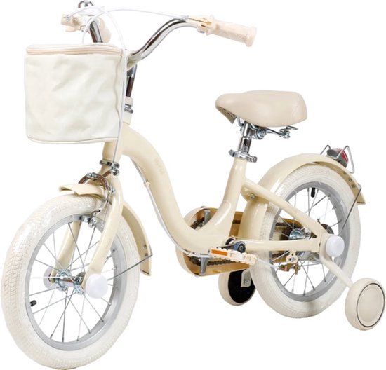 Yar Biky Meisjesfiets – 16 inch – Kinderfiets met Zijwielen & Stuurtas – Beige