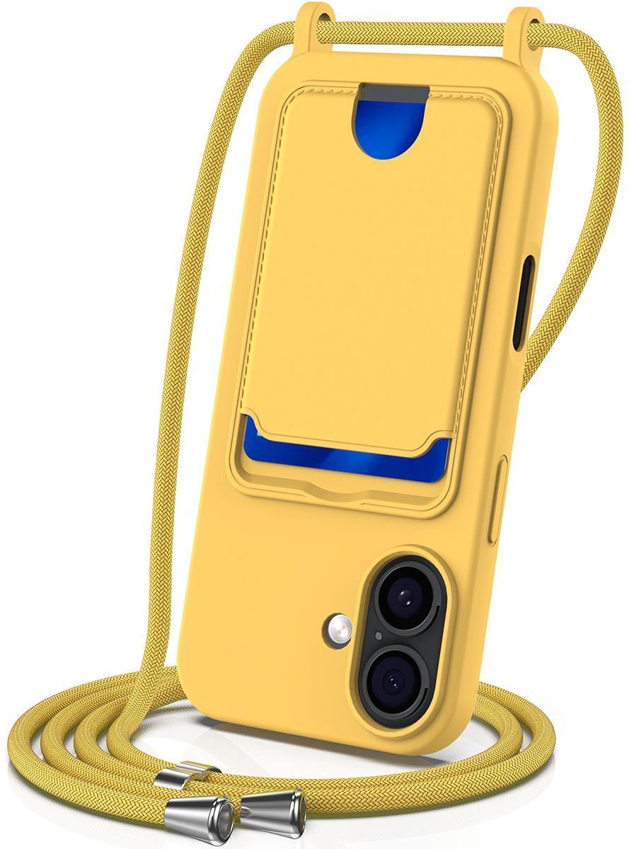 Mobigear Telefoonhoesje geschikt voor Apple iPhone 17 Siliconen met Kaarthouder | Mobigear Lanyard Card Hoesje met koord en Pasjeshouder | Kaarthouder voor 1 Pasje | hoesje met koord Telefoonhoesje voor Pinpas / OV Kaart / Rijbewijs - Geel