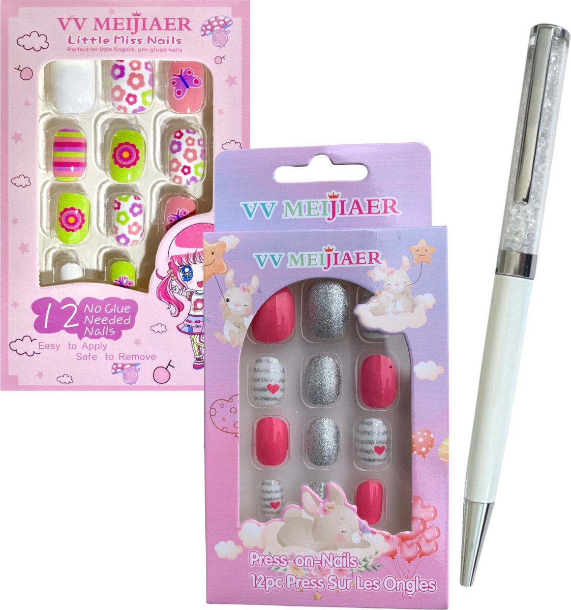 Kinder Plaknagels - Valse Nagels - 2 x 12 Stuks - Met Swarovski Stijl Diamant Pen! - Geen Lijm Nodig