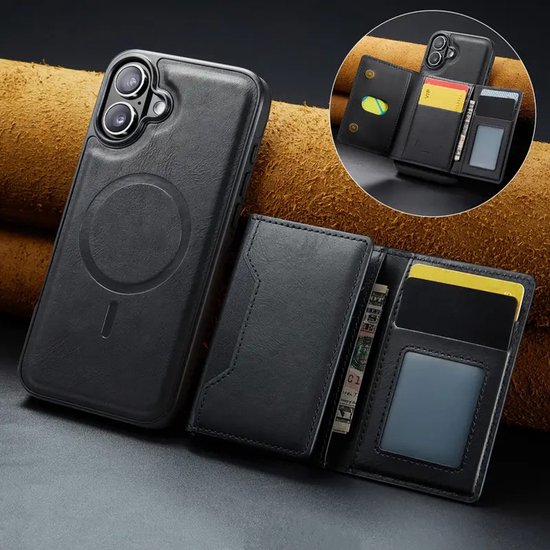 Magneet Portemonnee Hoesje Geschikt voor: iPhone 17 - Pasjeshouder – Kunstleer – 8 Kaartvakken – Magnetisch – RFID-bescherming – Geschikt voor MagSafe - Zwart