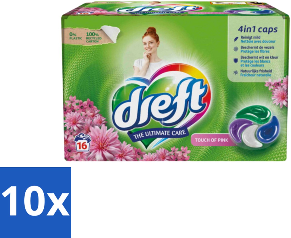 10 x Dreft - Wasmiddelcapsules - Touch of Pink - Geurige verzorging - 16 Wasbeurten - Wasmiddelcapsules - Plasticvrije Verpakking - Duurzame Wasmiddelen - Kleurenbehoud - Stofbescherming
