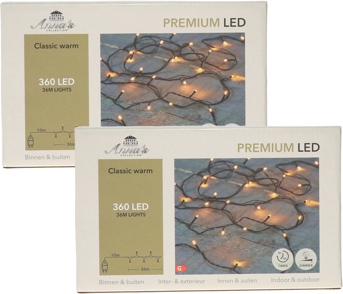 Anna's Collection Kerstverlichting premium LED - 2x - 360 led lampjes - klassiek warm wit - 36 meter - lichtsnoer - kerstboomverlichting
