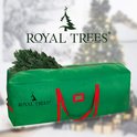 Een groene kerstopbergtas met rode handgrepen en het 'Royal Trees' logo.