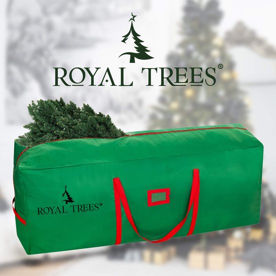 Een groene kerstopbergtas met rode handgrepen en het 'Royal Trees' logo.