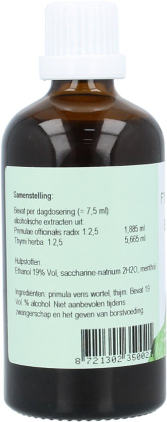 Bruine fles met witte dop. Groen label met tekst in het Nederlands en een afbeelding van bladeren.
